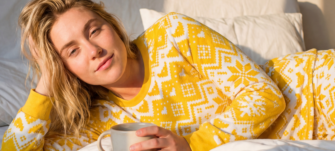 Kvinna i gulmönstrad pyjamas ligger i sängen med en kaffekopp och njuter av en ledig långfredag